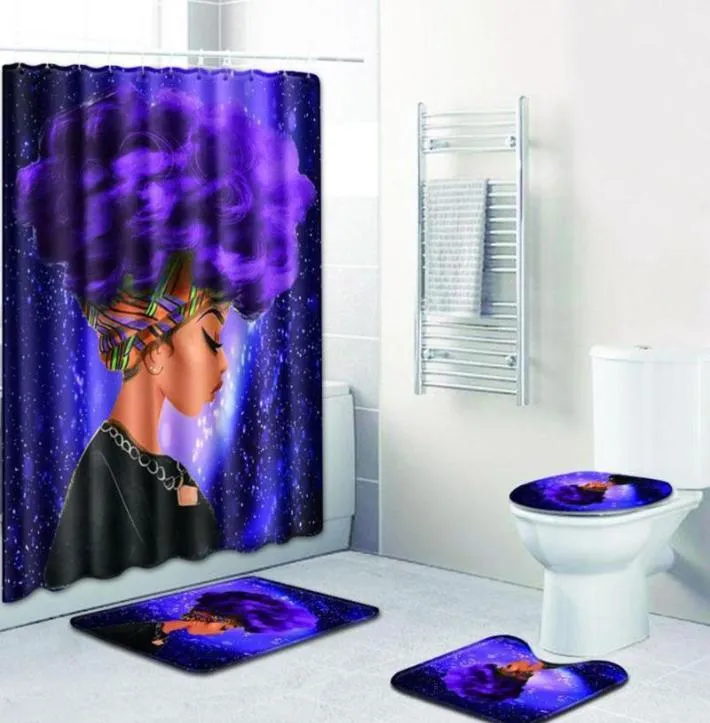 Mode afrikansk kvinna mönster polyester duschgardin set icke slip mattor matta för badrum toalett flanell bad mat4858717