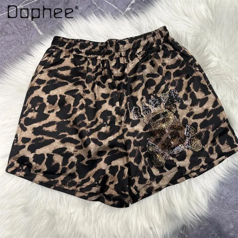 Women's Shorts Elastic Waist Leopard Print Female 2024 Summer Casual Womens Heavy Industry Cartoon Rhinestone Wide Leg