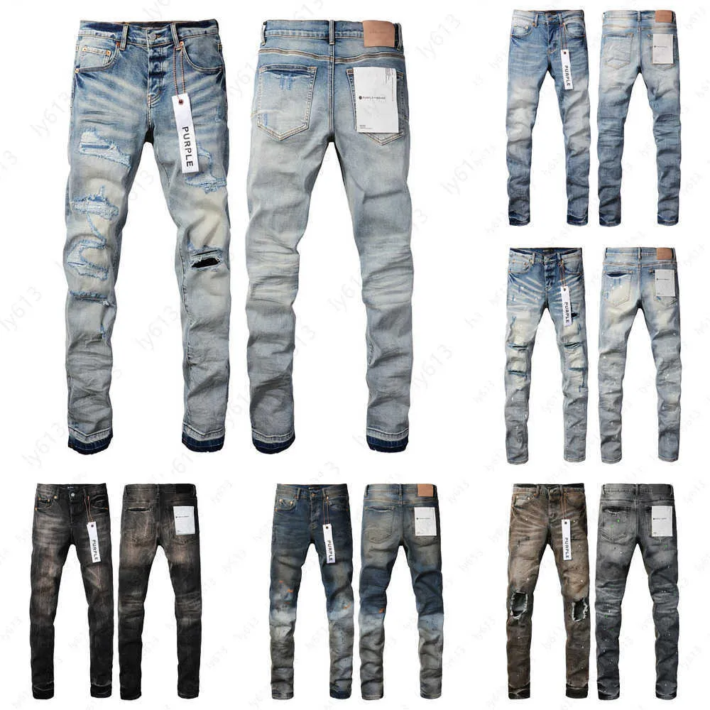 Designer jeans män lila märke denim byxa ruin hål byxor höjd kvalitet broderare nödställd rippad cyklist svart blå jean mens kläder
