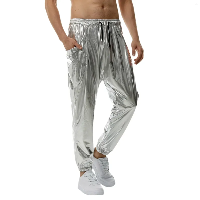 Męskie spodnie męskie błyszczące srebrne metaliczne jogger brespanty hip hop mokro mokro spustów men club festival festiwal streetwear pantalones hombre