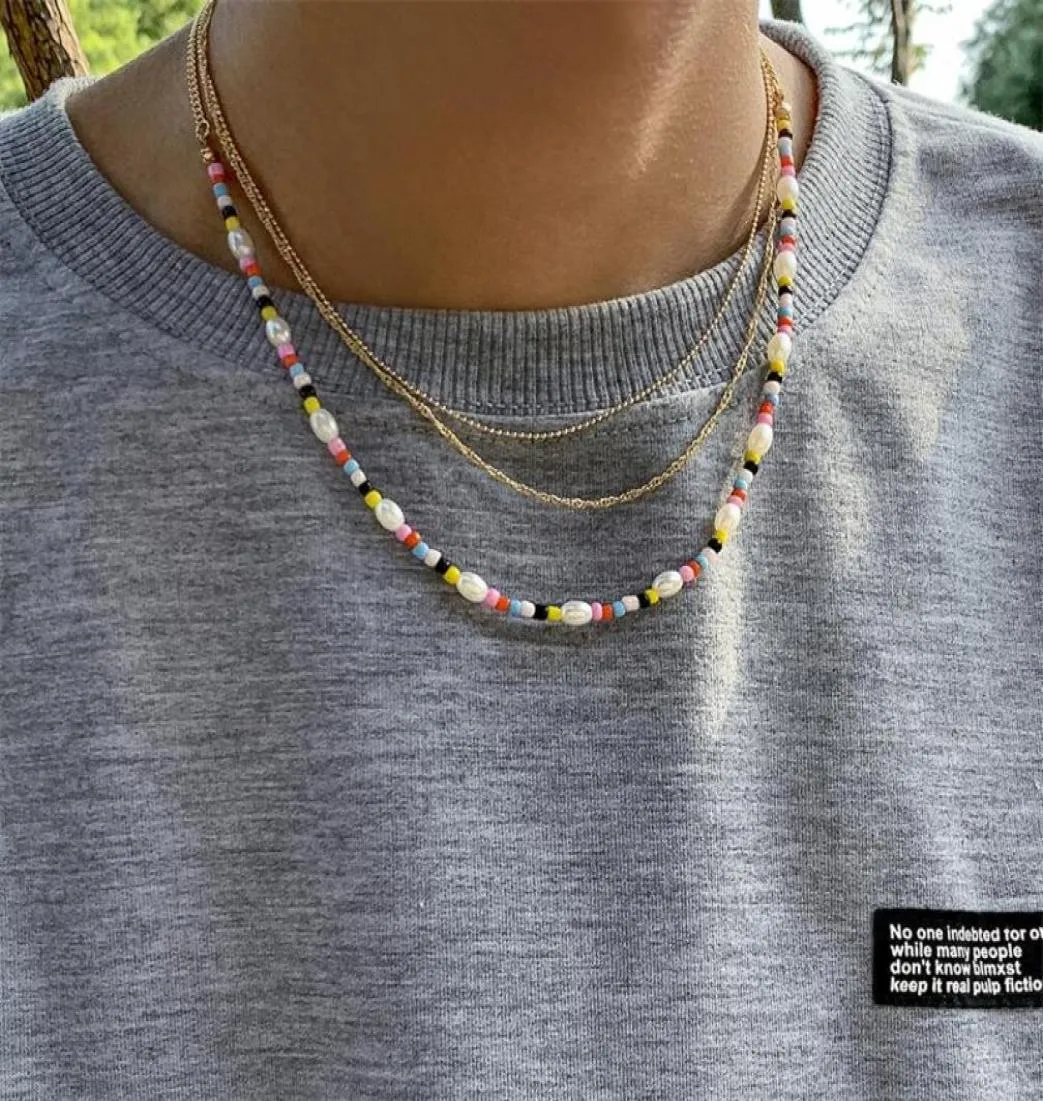 Chokers mode persoonlijkheid gekleurde rijst kralen verbonden imitatie parel ketting bohemian mannen metaalbal bead chain drie laag J1181417