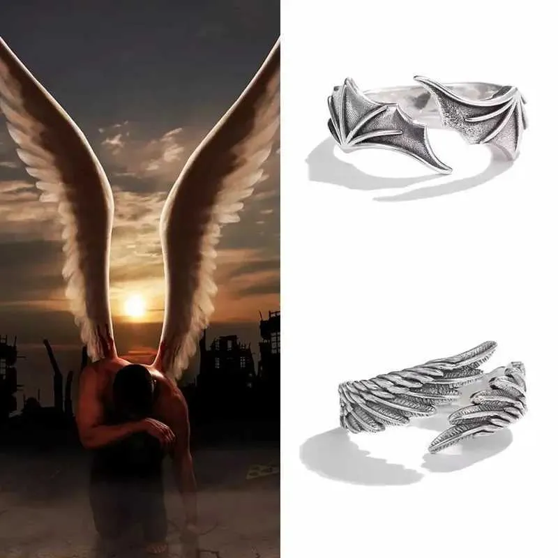 Bandringe Vintage Angel Devil Wing Paar Ring persönlich weibliche Metall offen verstellbare Finger Silber Punk Hip Hop Schmuckgeschenk Q240429