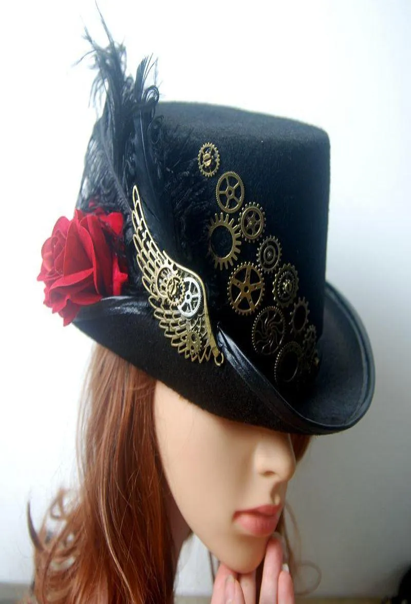 Party Masks Retro Vintage Unisex Steampunk Rose Gears Black Top Hat With Wings And Feather Gothic Victorian Halloween Lolita Cospl3055729