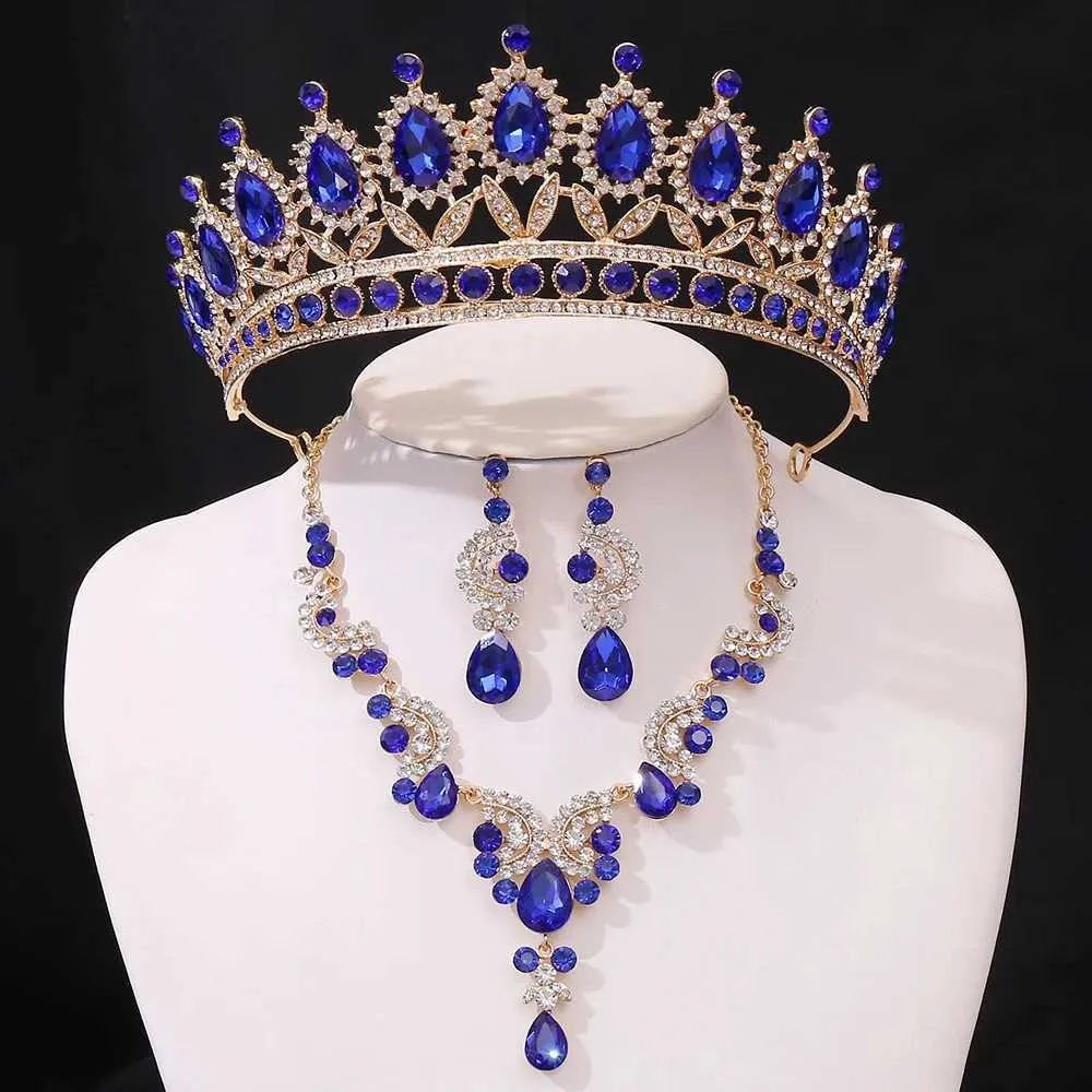 Tiaras 3pcs/set nuziale nuziale principessa corona principessa goccia d'acqua verde blu verde cristallo crastro crase orecchini nuovi set di gioielli