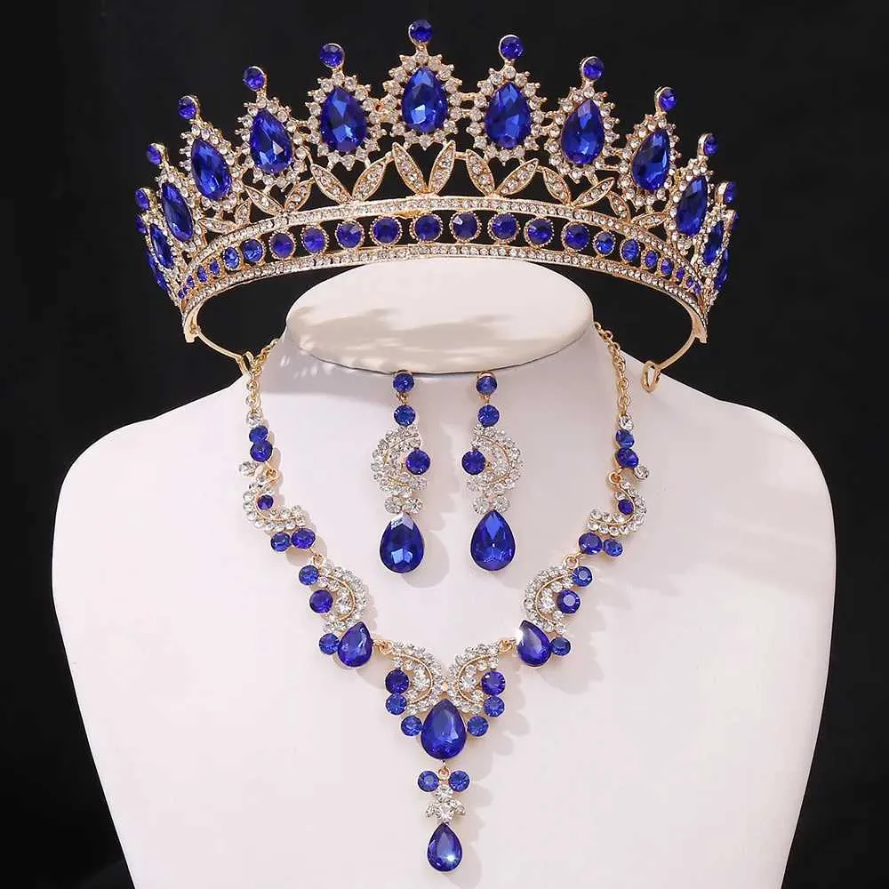 Tiaras 3pcs/Set Bridal Wedding Congress Princess Queen Water Drop Green Blue Red Crystal Tiaras Серьги ожерелья. Новые ювелирные наборы