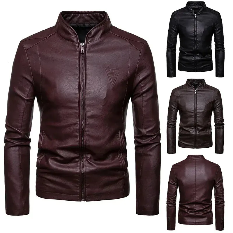 Mens Jackets Faux Leather Jacket Classic Stand Collar Motorcycle Coat Slim Fit with Full Zip Long Sleeve Winter Outdoor 240426
