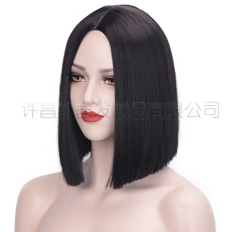 Gradiente Wig feminino Fluffy Trim Bobo Head dividido curto corante de cabelo reto