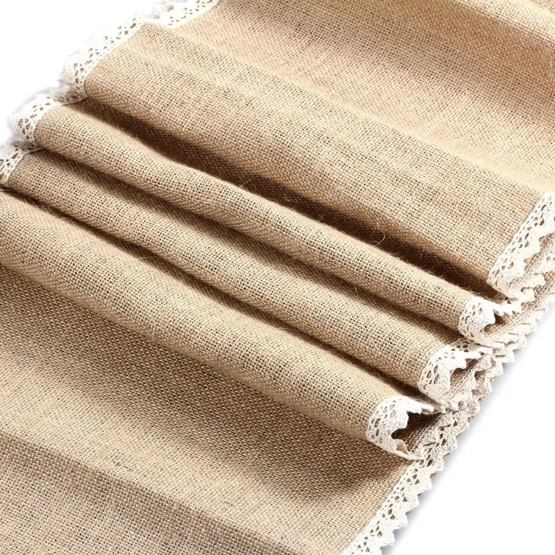 Table Runner 2.75 m (108 ") Burlap iuta lacetta a doppio pizzo Vintage Wedding per decorazione per feste