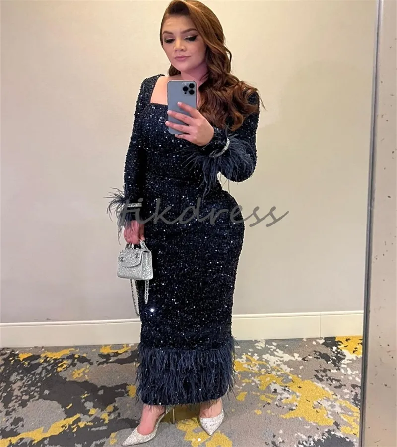 Sparkly Sequin Black Prom Dresses With Feather Square Neck Long Sleeve Bling Midi Short Evening Dress Elegant Formal Dinner Birthday Wear Cocktail Party Gowns 2024