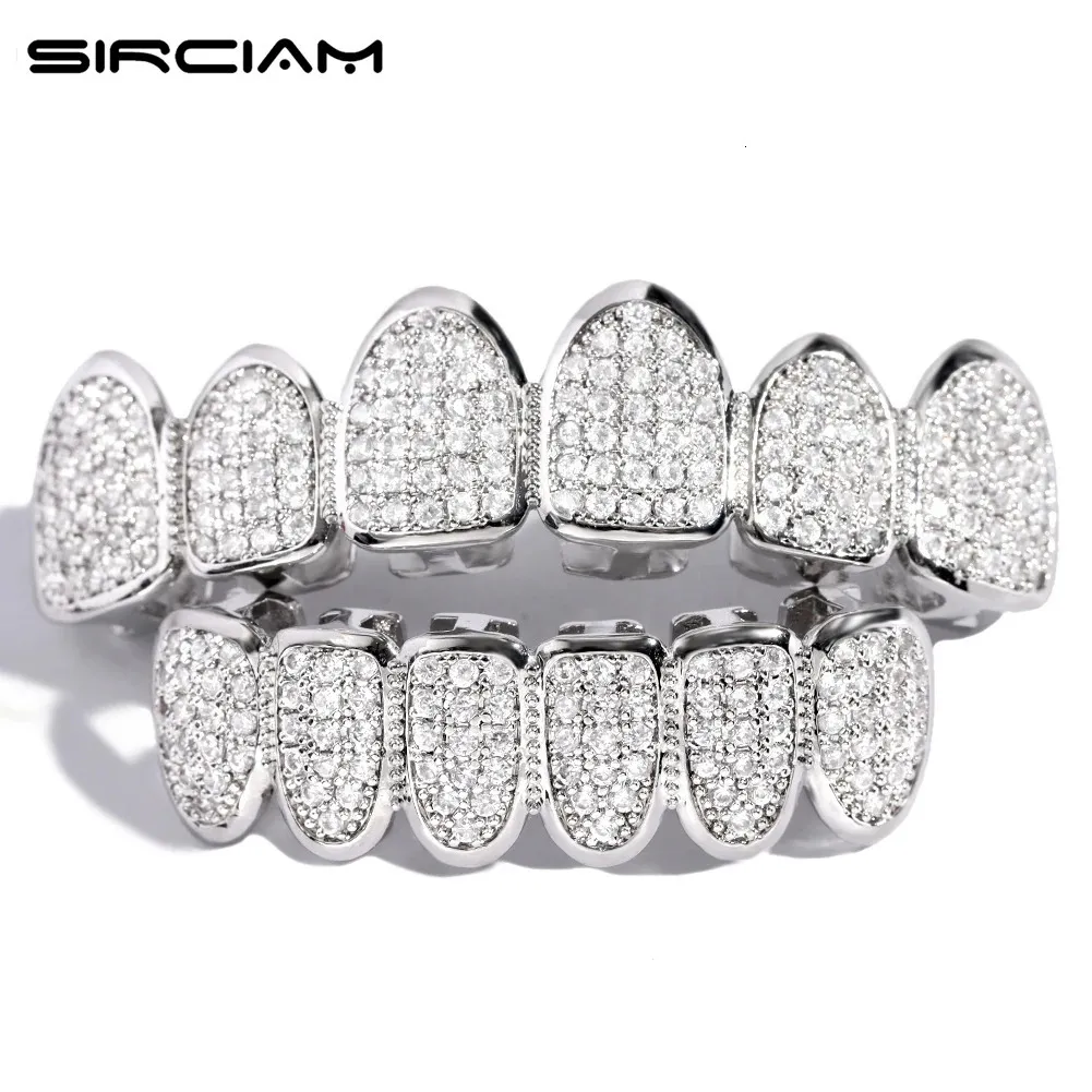 Silver Plated Iced Out Micro Pave Teeth Grillz For Men Top Bottom AAA Cubic Zirconia Grills Set Man Women Dental Jewelry Gifts 240418