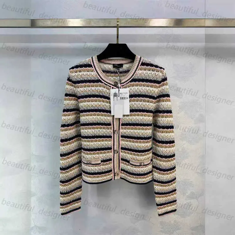 Women's jacket designer luxurious 2024 Early Spring New Fashionable and Versatile Contrast Stripe Round Neck Hollow Knitted Cardigan