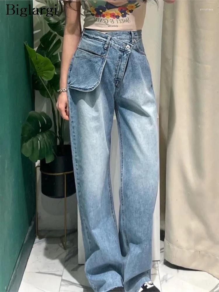 Jeans femminile primavera estate irregolare in alto patchwork modis long dritto pantalone donne sciolte di signore a pieghe di signore corea donna