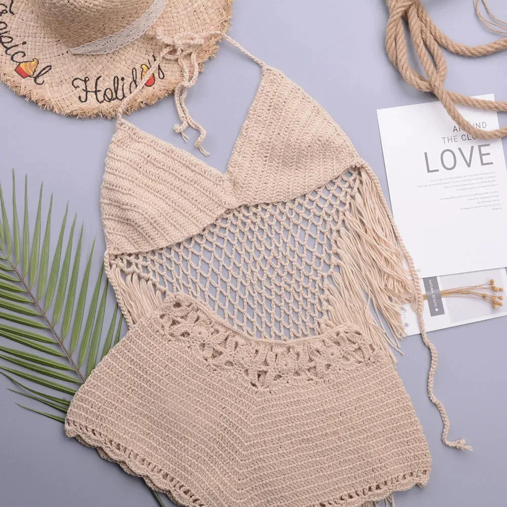 Hirigin Femmes Sexy Crochet Knit Mini jupe Set Hollow Out Crop Tops courtes 2 pièces Summer Beach Swimsuit Cover Ups 240426