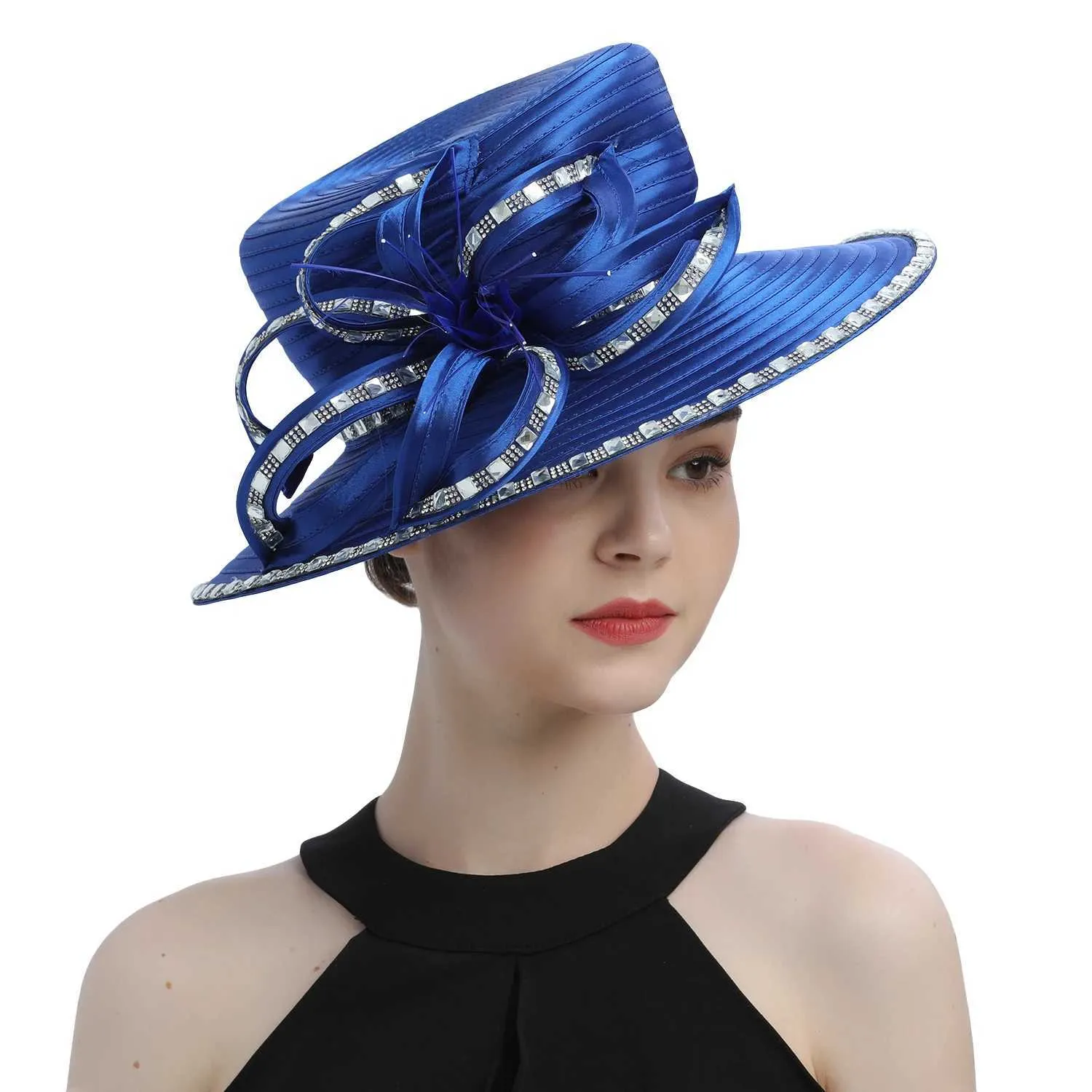 Wide Brim Hats Bucket Hats Blue Satin Cloth Church Hat Deluxe Elegant Photography Hat Beauty Fancy Formal Flower Fascinator Top Hat for Women Ladies Sequin Y240426