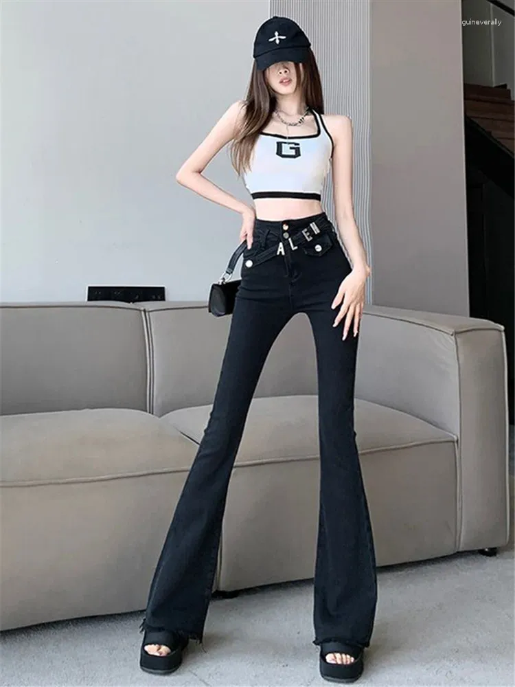 Kvinnors jeans streetwear flare för kvinnor ljus blå snörning hög midja byxor mamma elastiska koreanska sexiga pantalones damer denim byxor