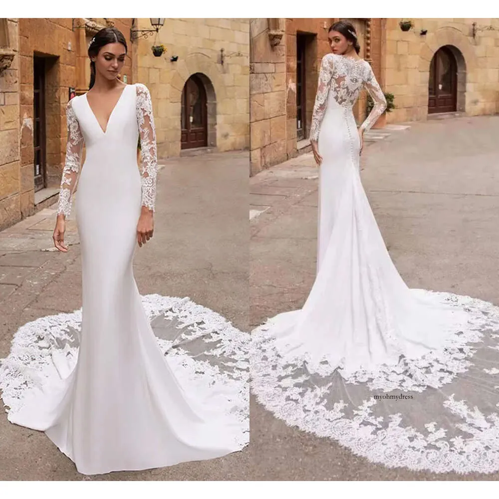 Sexy Deep V-Neck Mermaid Wedding Dress Garden Sheer Back Sweep Train Long Illusion Sleeve Lace Satin Beach Bridal Gown Custom Made 0430