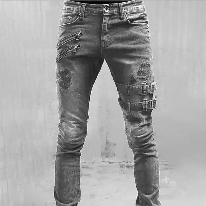 Decoração de zíper Slim Fit Biker Jeans Men Cotton Cotton Stressy Ripped Jeans Skinny Jeans de alta qualidade Hip Hop Black Denim calças 240424