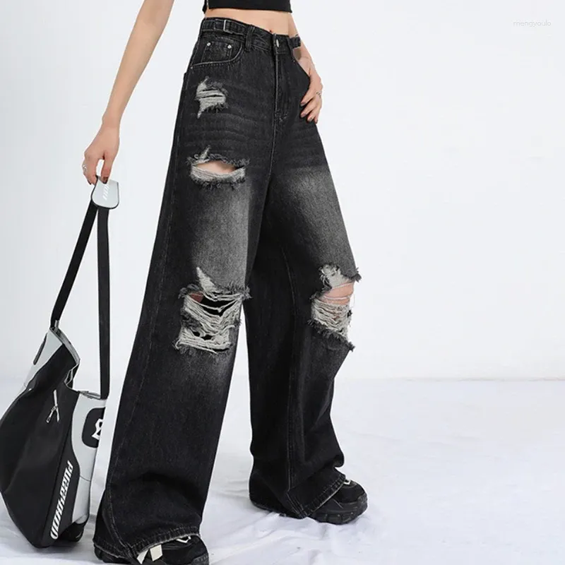 Dżinsy damskie rozryte Y2K High Street Boyfriend Pants Retro myted czarna prosta noga 2024 Moda