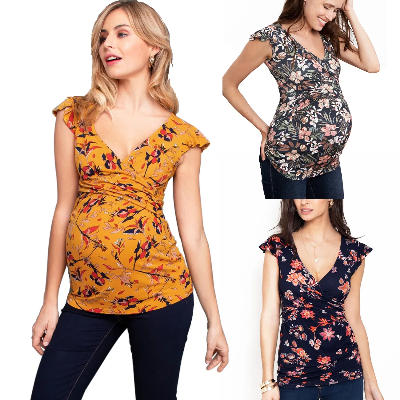 Vrouwen zwangerschapsvlieghuls bloemenprint verpleegstoppen t-shirt voor borstvoeding