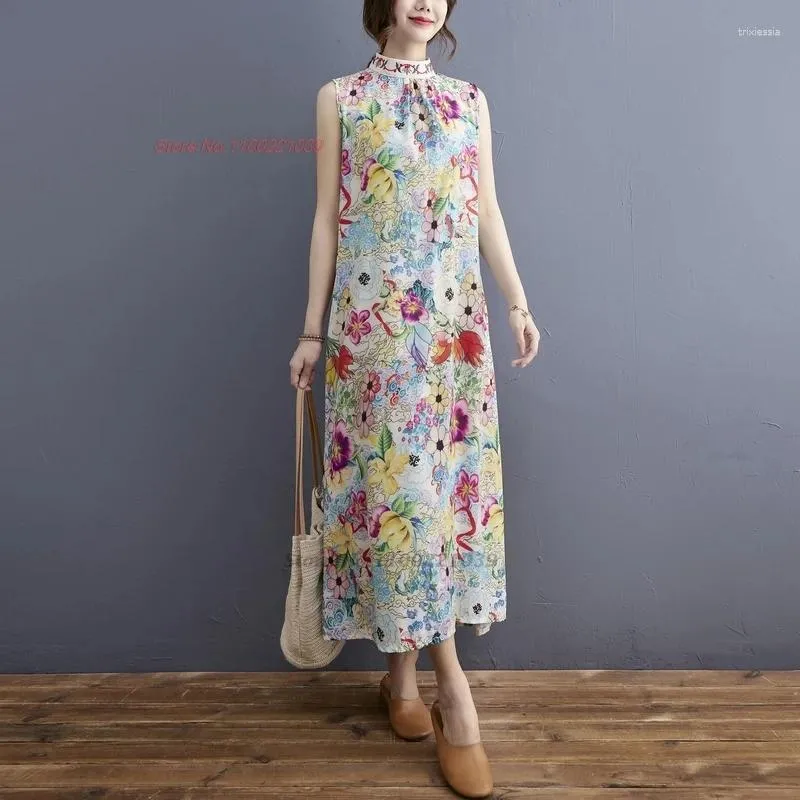 Vêtements ethniques 2024 Chinois Robe Qipao améliorée Vintage sans manches Cheongsam National Flower Print Oriental Elegant A-Line