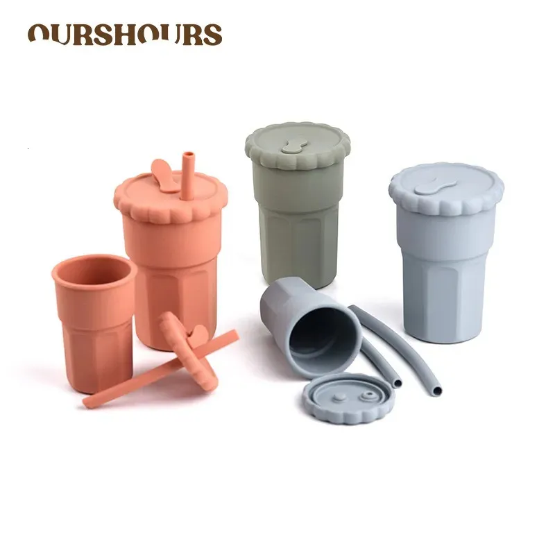 Food Grade Silicone ouder-kind Straw Cup Set BPA gratis kinderen onbreekbare waterbekers Easy Clean Peuter Drinking Training Cups 240409