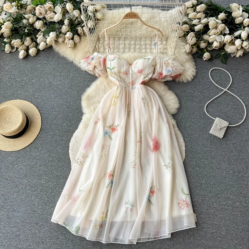 French Off Shoulder Strapless Camisole Dress Women Summer Gentle Style midja Cinched Floral Puff Sleeves Mesh Fairy Dress