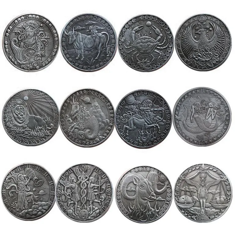 Argent accessoire américain antique défi COIN TRAFFORME COMMORATIVE COIN CUIN 12 Constellation Set Relief plaqué ancien Silv1050469