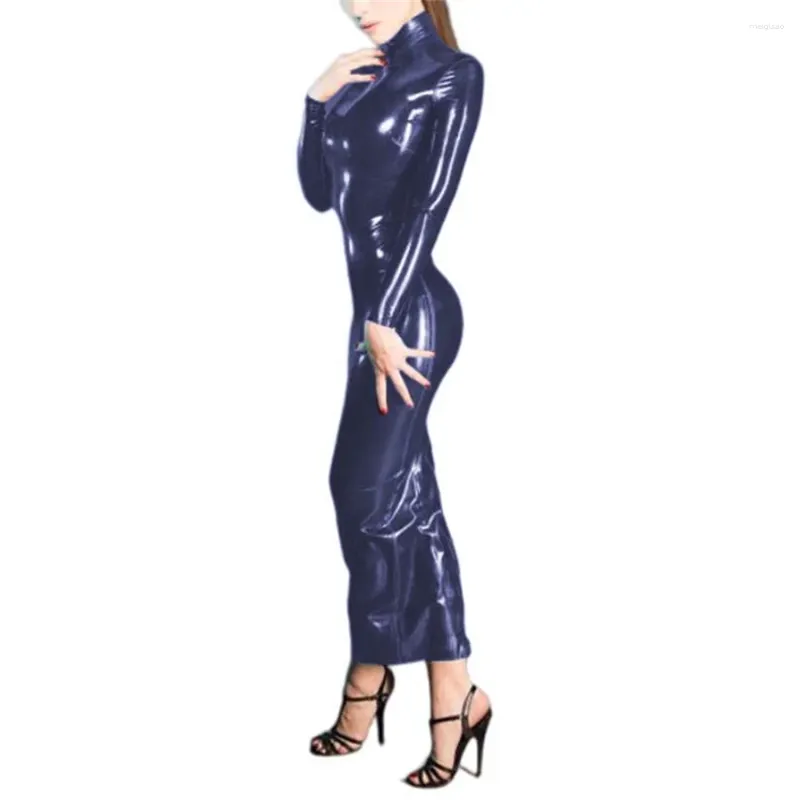 Casual Dresses Long Sleeve Bodycon Glsosy PVC Leather Pencil Dress Female Full Zipper Back Sheath Hobble Sissy Club Party Outfits