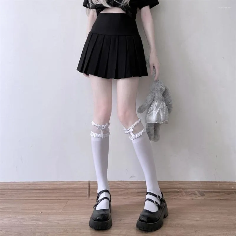 Women Socks Japanese Lolita Fashion Cute Bowknot Lace Women's Lack White Long Summer Jk Mesh Splicing Knee High Leg Warmer