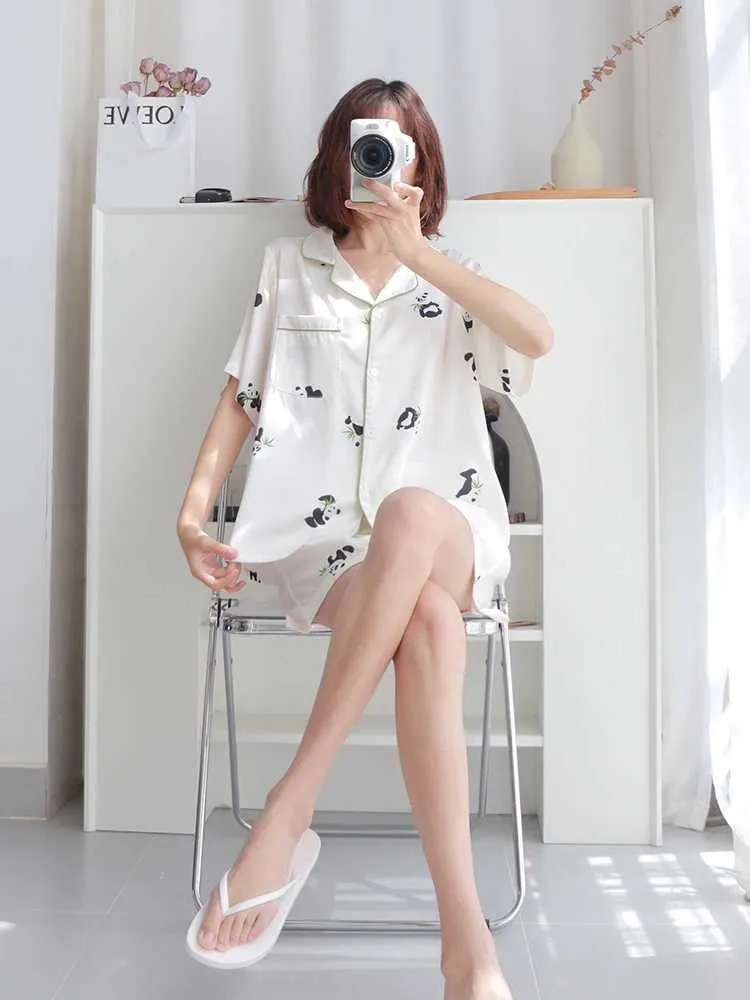 Women's Sleepwear Ice Silk Pajamas Womens Summer Short-slved Suit 2022 New Panda Silk High-end Home Clothes Y240426
