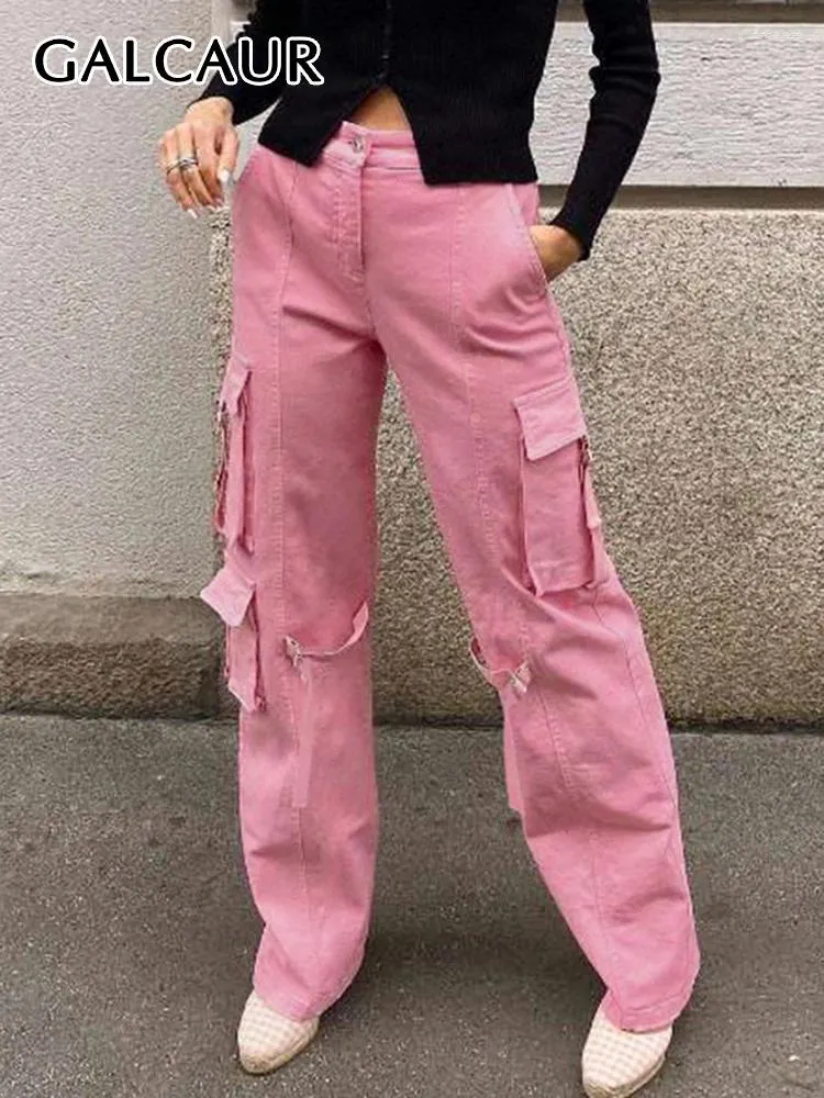 Jeans pour femmes Galcaur Streetwear Denim Pantalon de cargaison pour femmes hautes plaquettes zipper plis lâches décontracté.