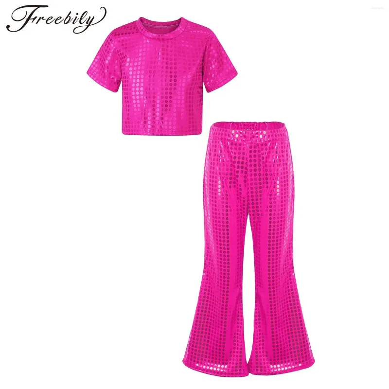 Одежда, набор детских девочек, блестящий металлический топ с коротким рукавом с длинными расклешенными брюками для танце