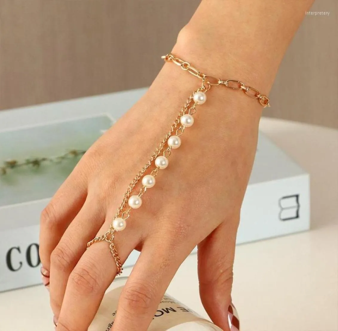 Łańcuch link bohemian perła braclet kobiety luksusowy złoty metalowy palec biżuteria urok bransoletki żeńska impreza moda Inte227641911