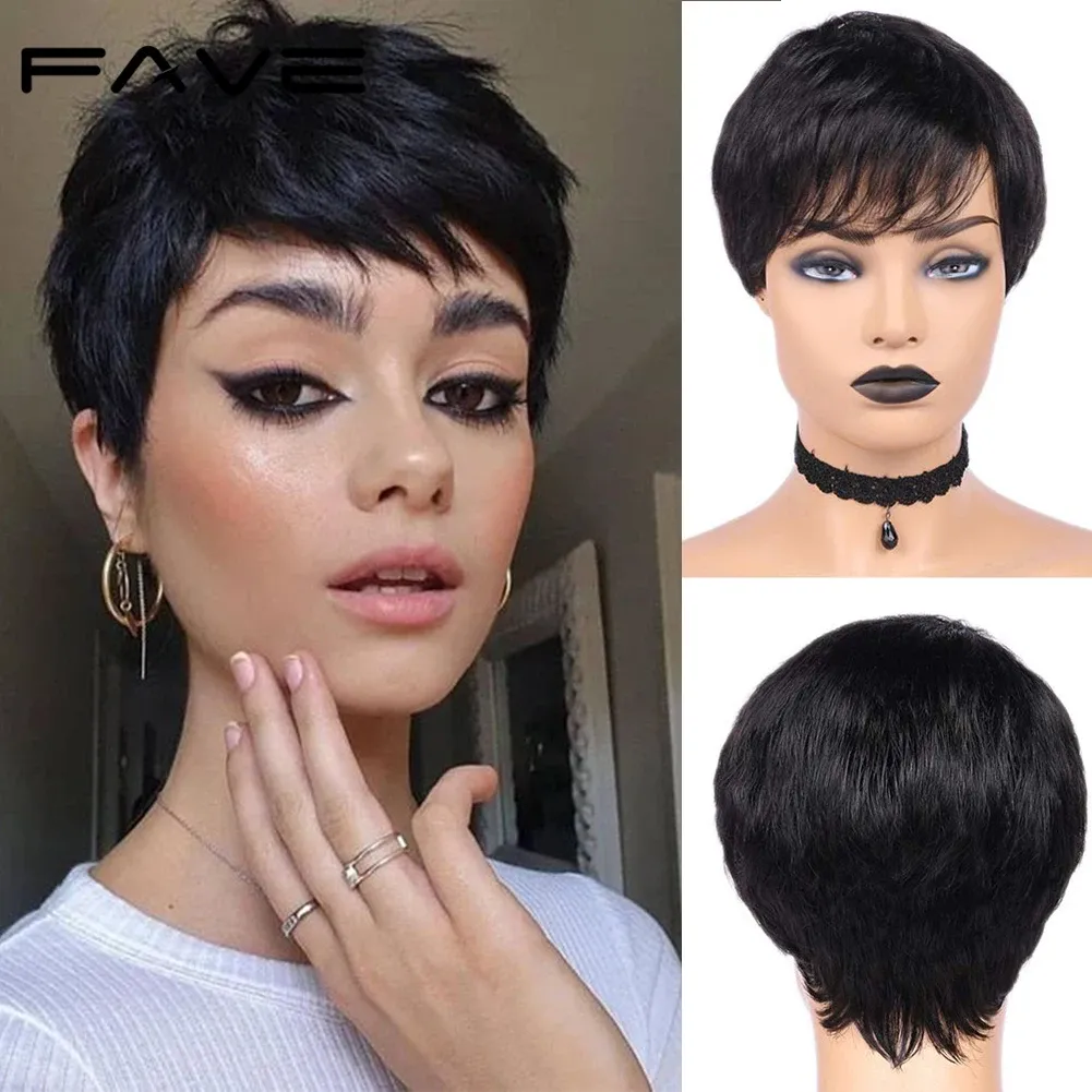 Wigs FAVE Pixie Cut Wig Short Human Hair Wig 150% Brazilian Remy Straight Wig Natural Black With Bangs Mature & Capable Hairstyle Wig