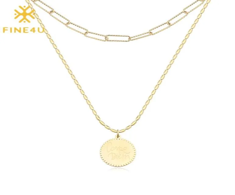 Fine4u N551 Gold Rayered Round Disc Pendant Long Stainless Statement Chokerネックレス
