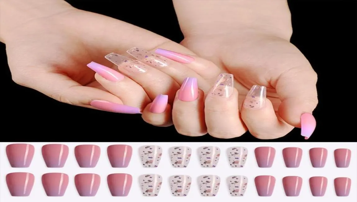 24pcs lavande portugais long ballet faux clous nails paillettes de poudre de conception de poudre sur la pointe de l'ongle outils