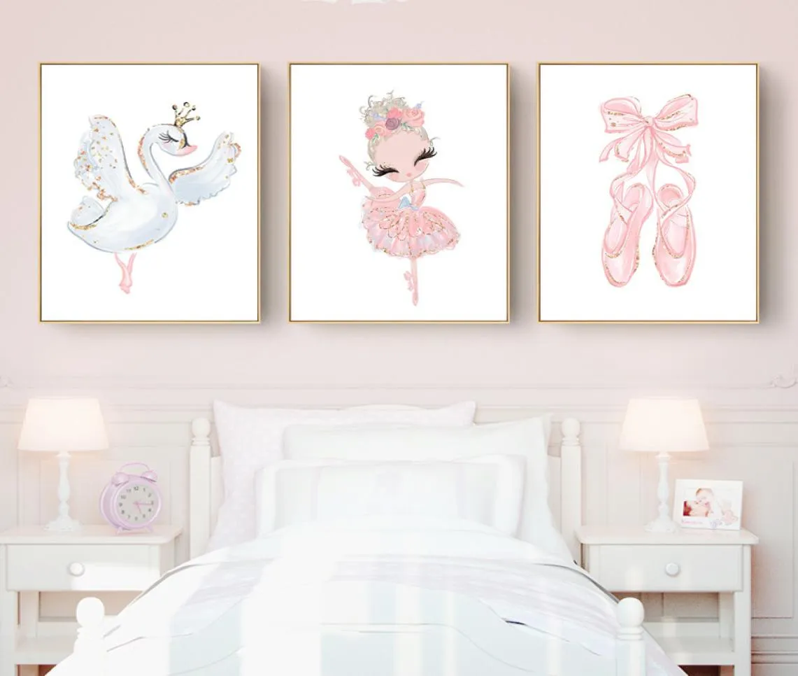 Pink Swan Princess Nursery Wall Art Canvas Painting Ballerina Affiches et imprimés Nordic Kid Baby Girl Room Decor Picture4332691