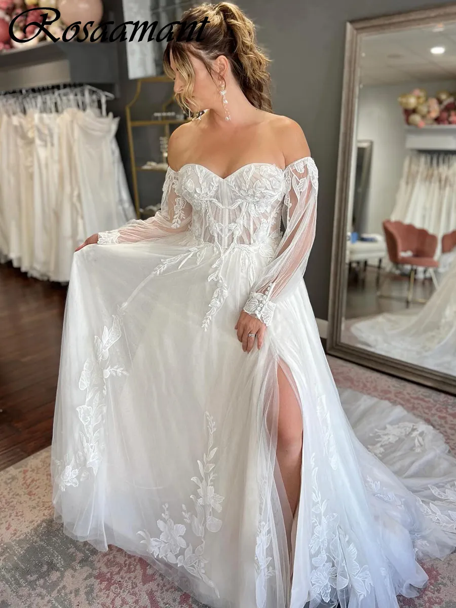 Elegancka iluzja Odłączona rękawie suknie ślubne A-line wysoko podzielone aplikacje koronkowe suknie ślubne szatę de Mariee