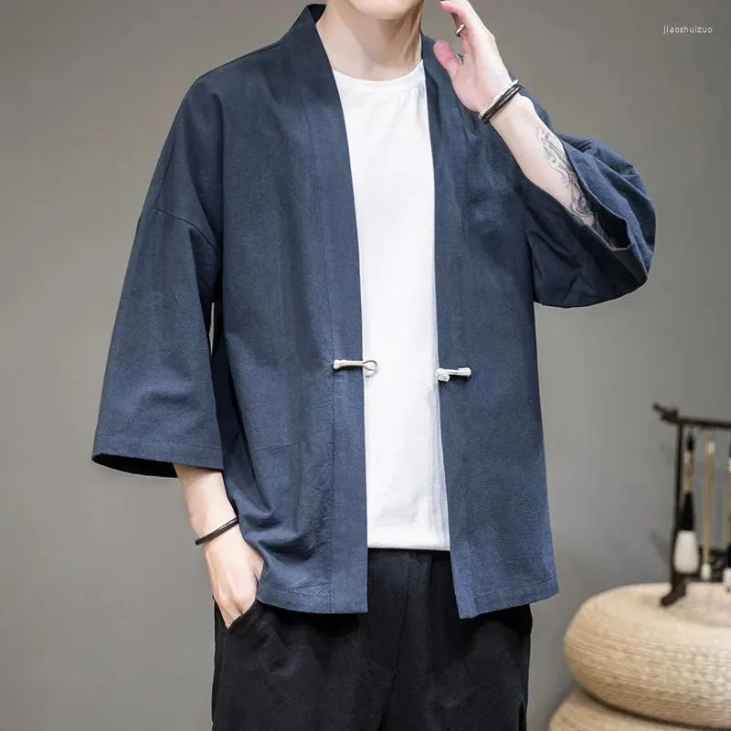 Etnische kleding marineblauwe heren katoen kimono losse vest stevige slanke bovenkleding vintage Chinese stijl mannelijke jassen casual overjasst 4xl