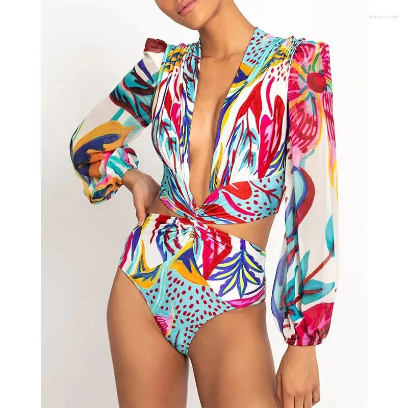 Women's Swimwear 2024 One-piece Long-sleeved Bikini Deep V High-waisted Cut-out Swimsuit Ins