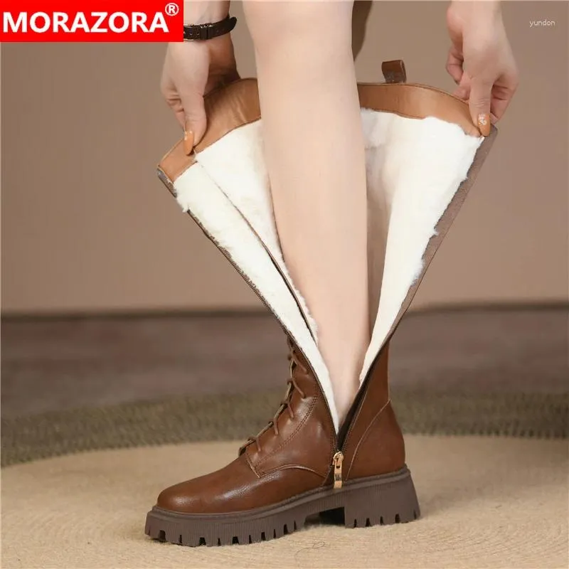 Botas Morazora plus tamanho 34-43 Couro genuíno Mulheres zípeis de moda de moda alta de pêlo de pêlo de pêlo de inverno