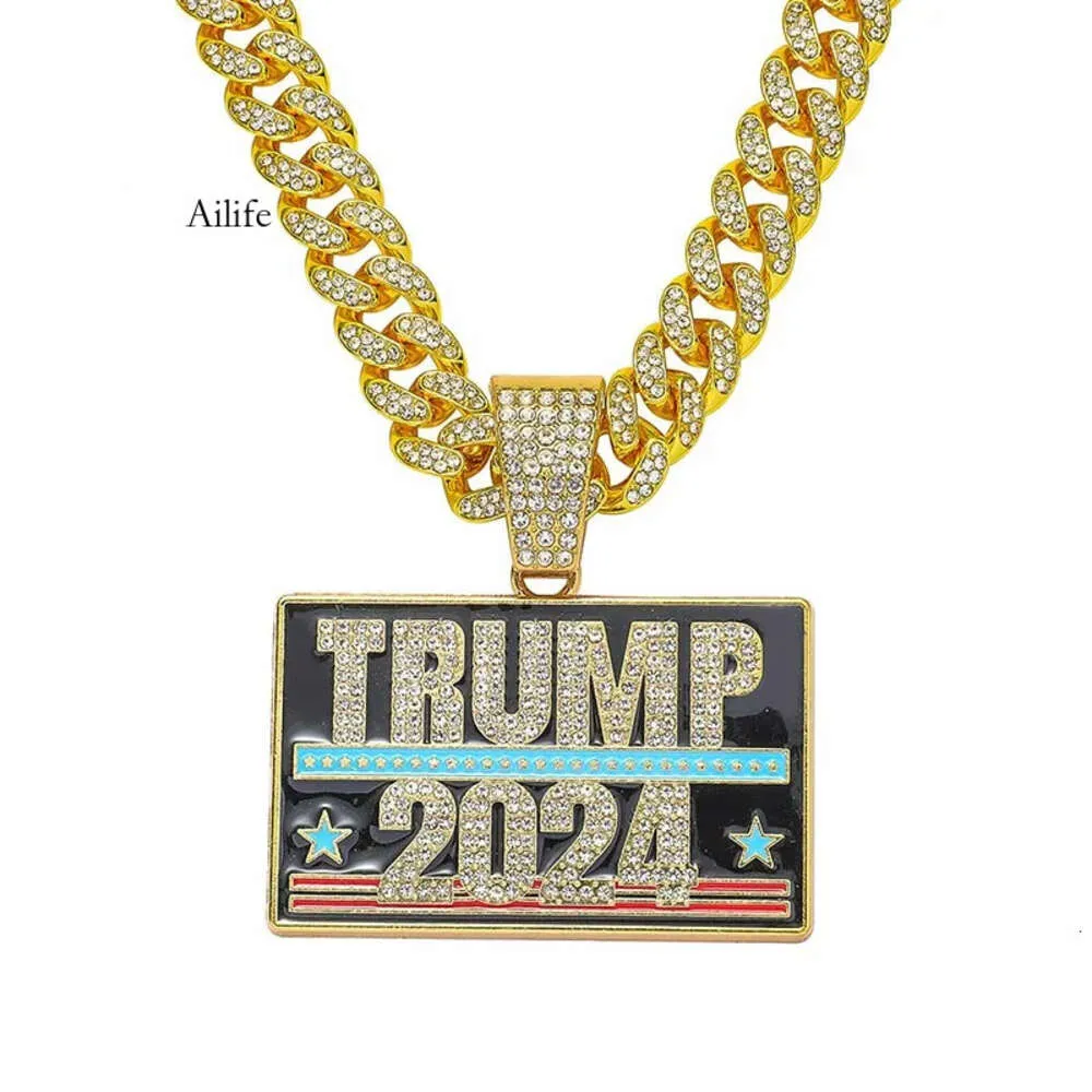 Creative Trump 2024 Full Diamond Fashion Personnalité Pendant pendentif Collier de chaîne cubaine 0430