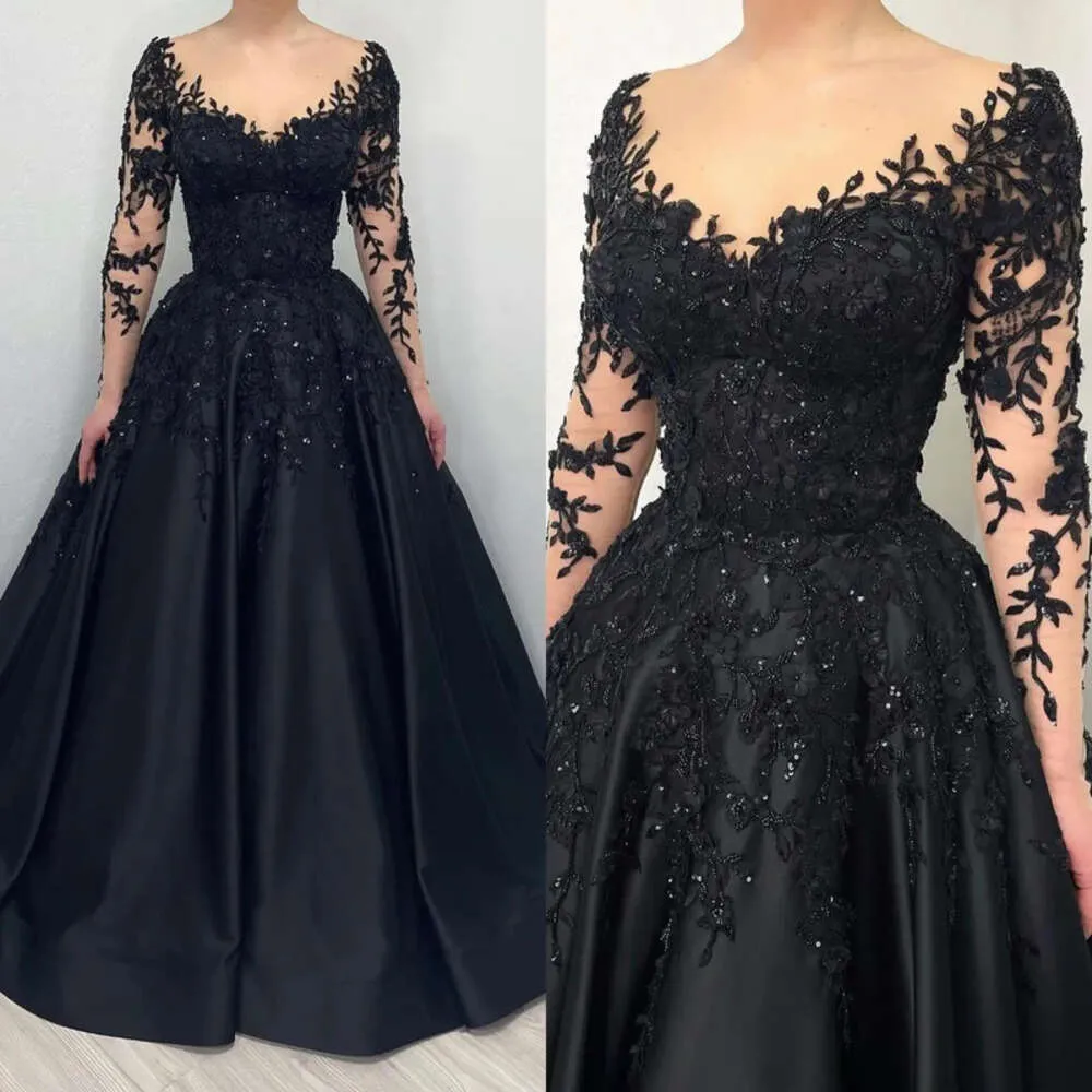 Abend Elegante Pailletten A Line Spitze schwarze Applikationen formelle Party -Prom -Kleid Illusion Langarm Kleider für besondere OCN -Leute es