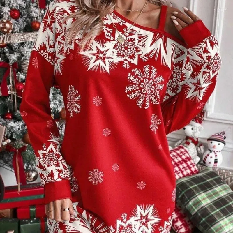 カジュアルドレスヨーロッパとアメリカの傾斜肩セクシードレスクリスマススノーフレークプリントセーター秋/冬のルーズスウェットシャツの女性