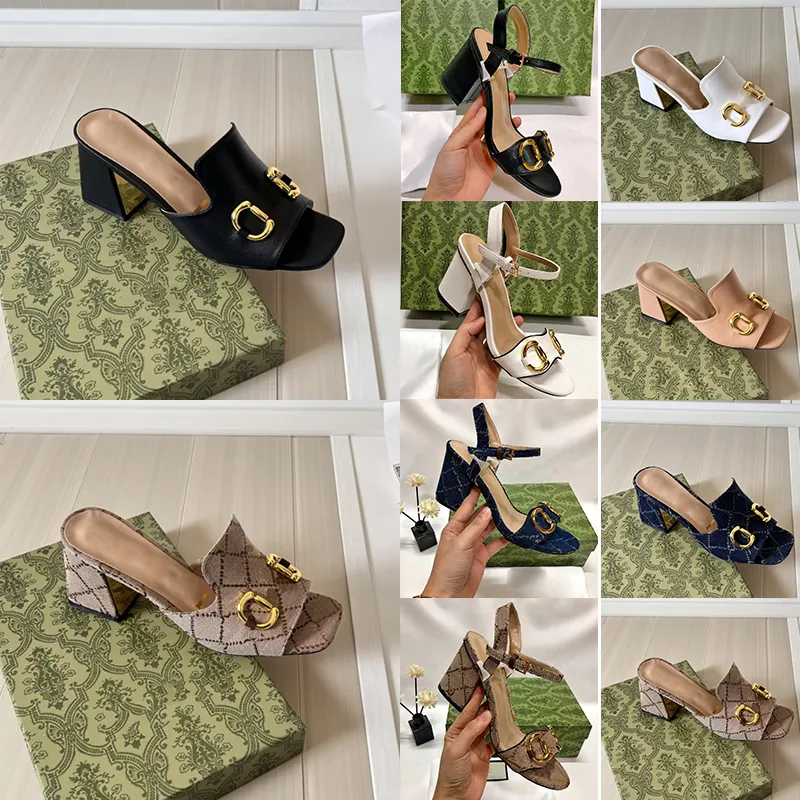 Designer Sandaler, Womens High Heels Summer, Fashion Chunky Sole Sandale, Leather Denim Mid Heel Ladies Letter Floral Slides toffles, Woman Shoes