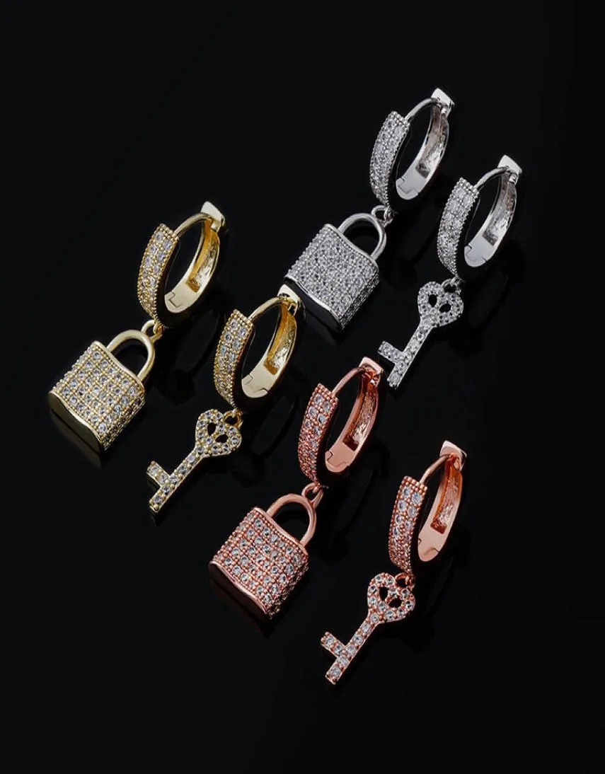 Fashion Gold Plated Bling CZ Key i Lock Kolczyki dla dziewcząt Kobiety Hip Hop Jewlery Niezły prezent dla Friend9297124