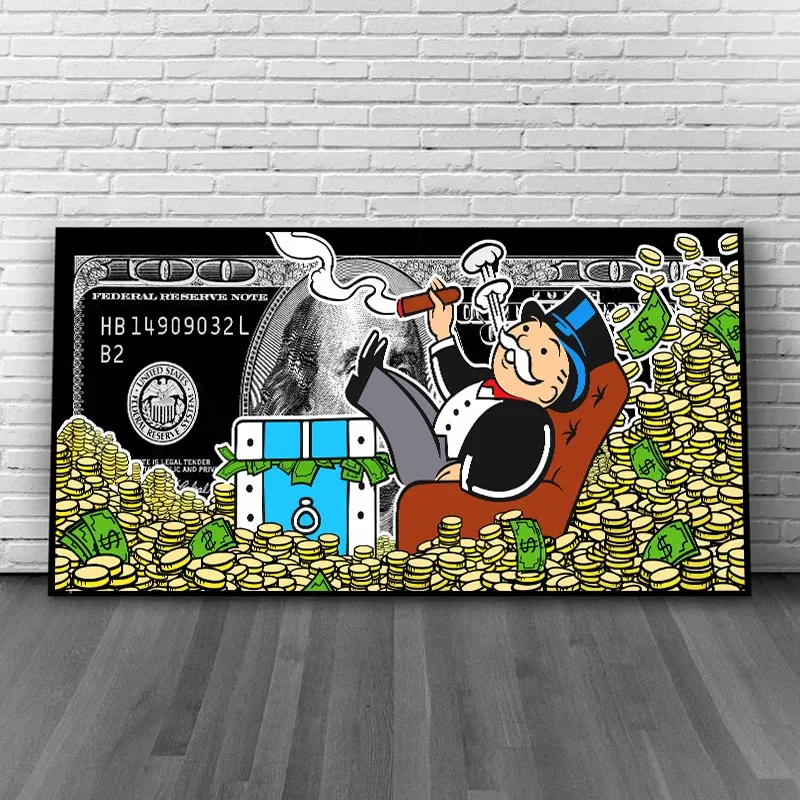 Street Art of Monopol som ligger i en hög med pengar dukmålningar på väggdollar affischer och tryck för moderna hem cuadros