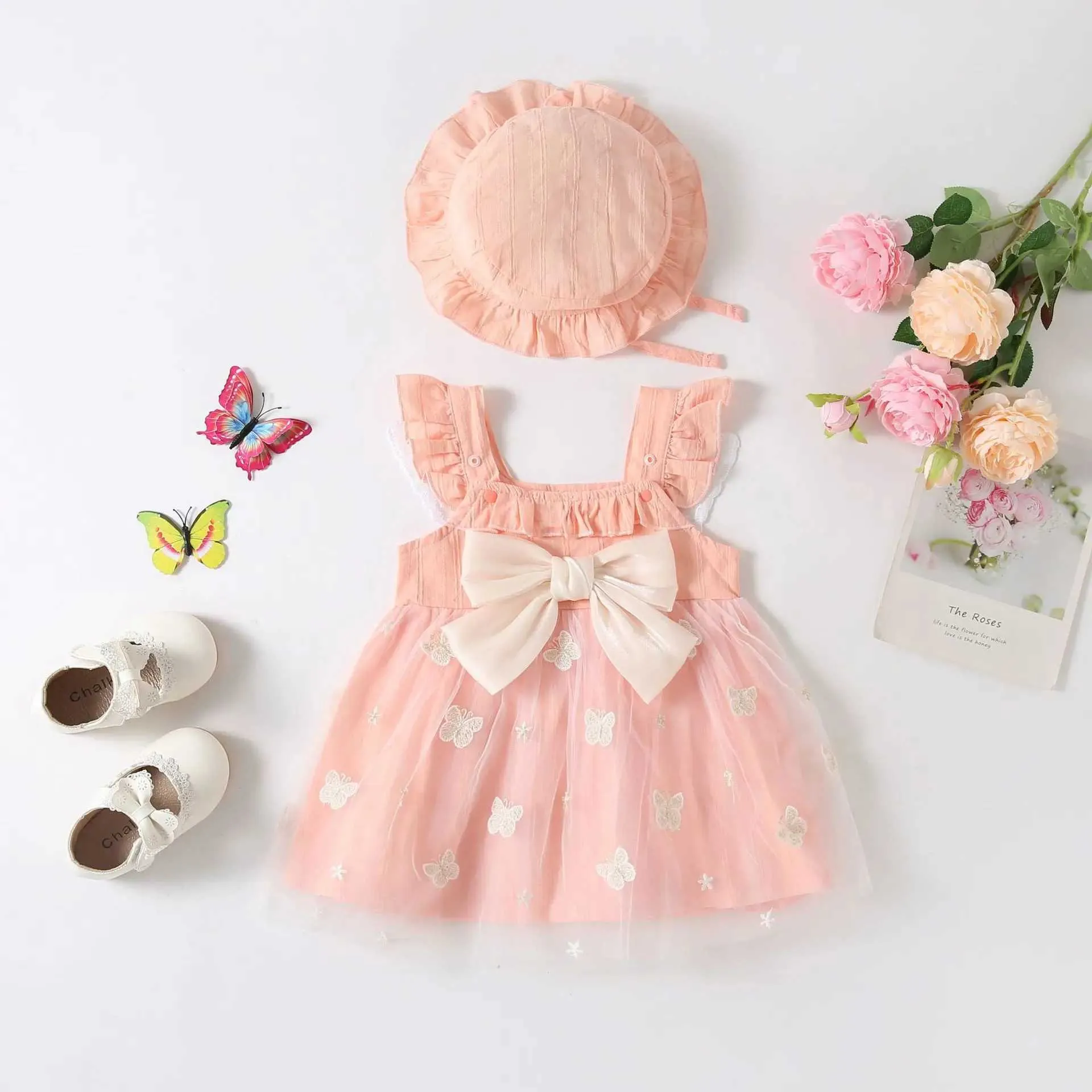 Girl's Dresses 2PCS/Set Summer Newborn Infant Toddler Girls Lace Dress Sun Hat Outfits Baby Girls Clothes Butterfly
