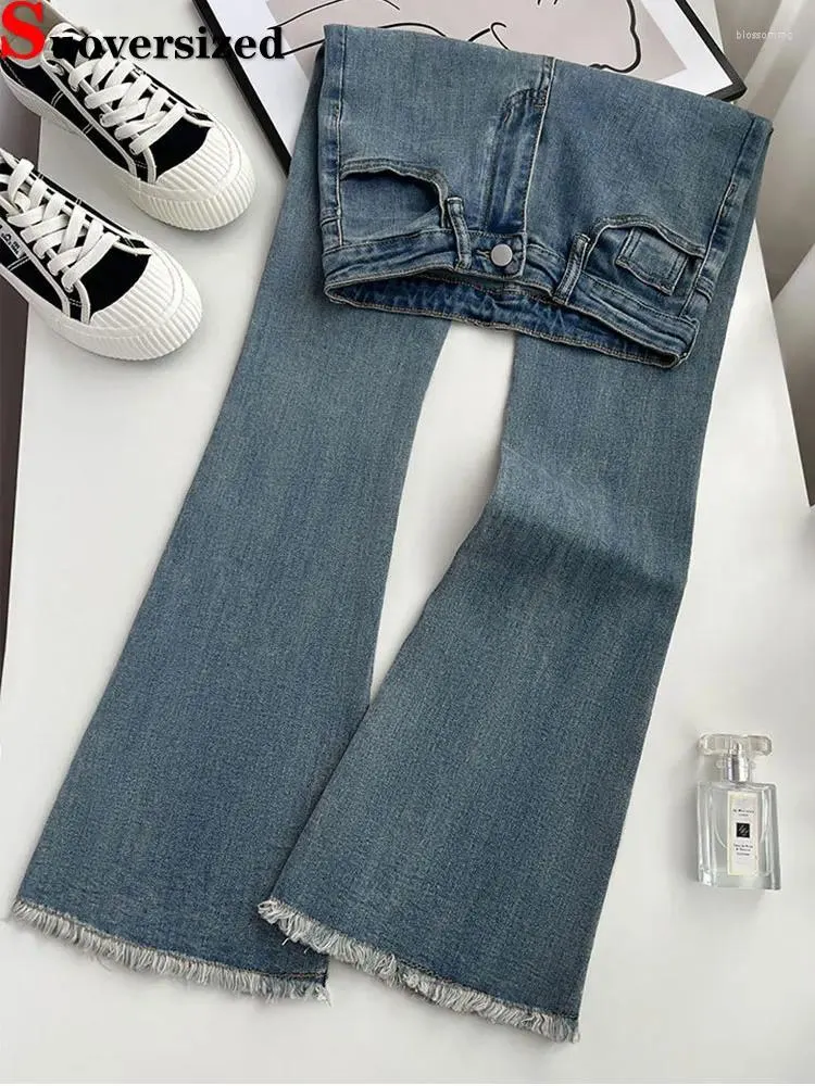 Jeans femminile nappe coreane Donnevano donne ad alta vita Vintage Skinny Vaqueros Stretch pantaloni di jeans primavera estate chic solare a campana spodnie