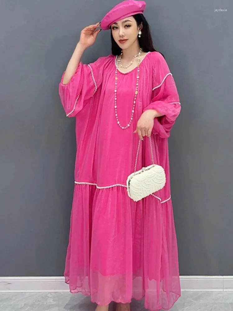 Sukienki zwykłe Qing Mo Summer Długość szyfonowa różowa sukienka o długości średniej długości rękawów spódnica z koralikami elegancka bajka mody WZT025